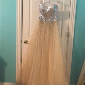 Tan and sparkly strapless prom dress
